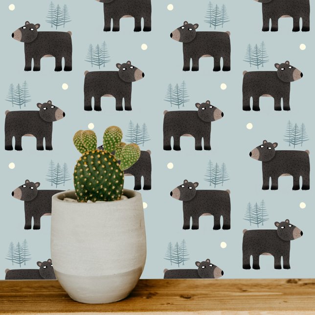Papier Peint Bleu ours mignon (Bear Trees Moon woodland forest cute art wallpaper for nursery and kids rooms)