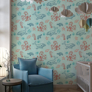 Papier Peint Bleu rouge sous la mer Motif Nursery