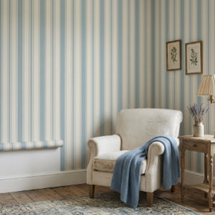 Papier Peint Bleu vintage et rayures crème, style campagne fran