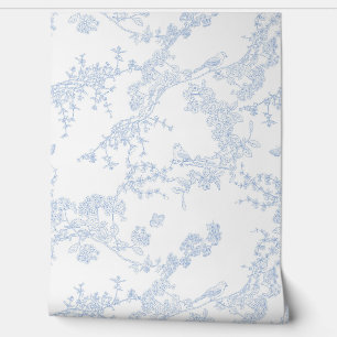 Papier Peint Blue Chinoiserie Toile de Jouy Oiseaux Jardin Flor