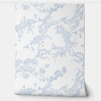 Papier Peint Blue Chinoiserie Toile de Jouy Oiseaux Jardin Flor
