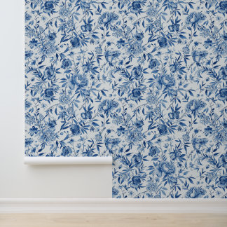 Papier Peint Blue Chinoiserie Watercolor Floral Botanical