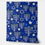 Papier Peint Blue Happy Hanoukka Star De David Menorah Moderne<br><div class="desc">Blue Happy Hanoukka Star Of David Menorah Modern Motif Peel and Stick Wallpaper présente un arrière - plan bleu étincelant avec menorah et étoile de David overlay. Décor maison parfait pour Hanoukka. Créé par Evco Holidays www.zazzle.com/store/evcostudio</div>