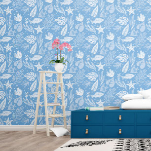 Papier Peint Blue Shark Feuille Starfish Fish Ocean Motif
