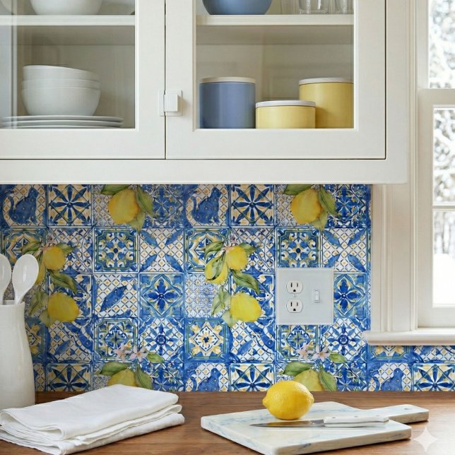 Papier Peint Blue Tile French Country Lemon Pattern Home Decor (Créateur téléchargé)