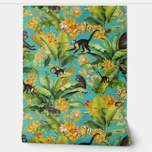 Papier Peint Blue Tropical Vintage Monkey Floral Rainforest
