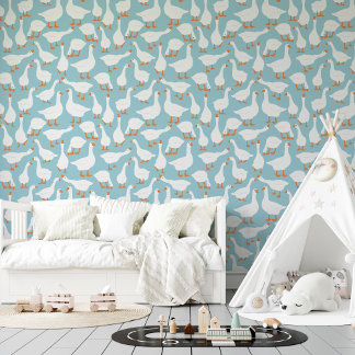 Papier Peint Blue White Fun Geese Seamless Pattern