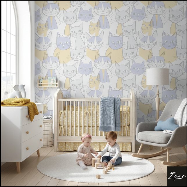 Papier Peint Blue Yellow Mid-Century Abstract Cat Pattern (Créateur téléchargé)