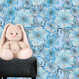 Papier Peint Bohème Aquarelle et Fleurs Bleues Encre Feuilles