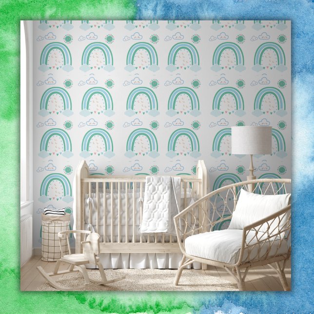 Papier Peint Boho arc-en-ciel vert simple en blanc | (Créateur téléchargé)