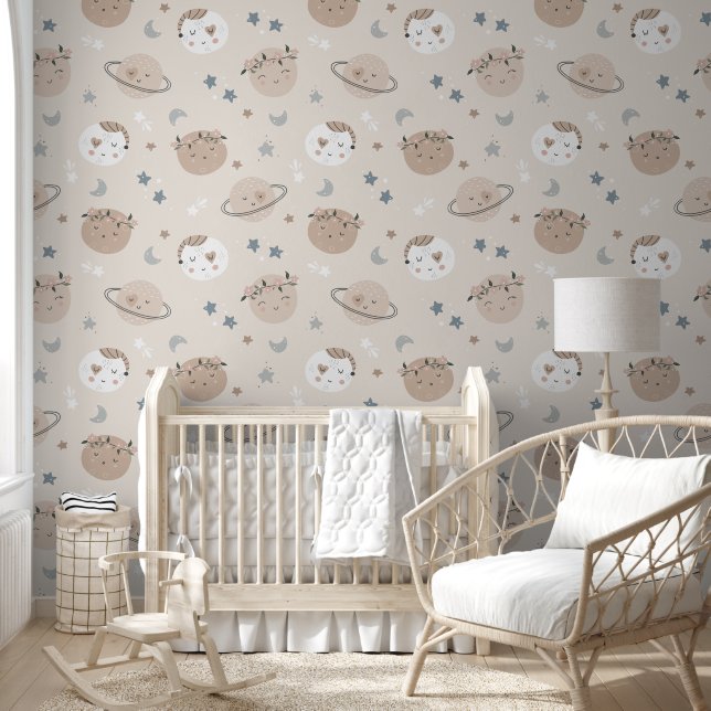 Papier Peint Boho Beige Sleeping Planets Seamless (Enfants)
