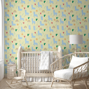 Papier Peint Boho Blue Llama Rainbows Jaune Baby Boy Nursery