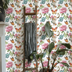 Papier Peint Boho Floral de Crâne de Vache Papillons Occidentau