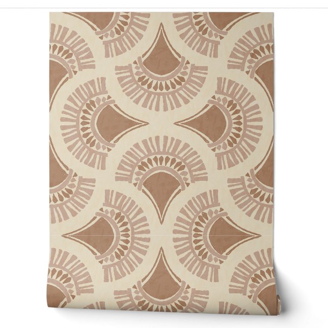 Papier Peint Boho Géométrique Texturé Soleil Éventail - Marron  (Déroulement)