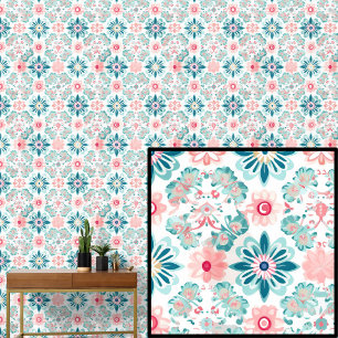 Papier Peint Boho Green Aqua Fleurs roses Abstraites florales