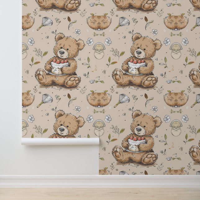 Papier Peint Boho Nursery Teddy Bear with Cake (Application)