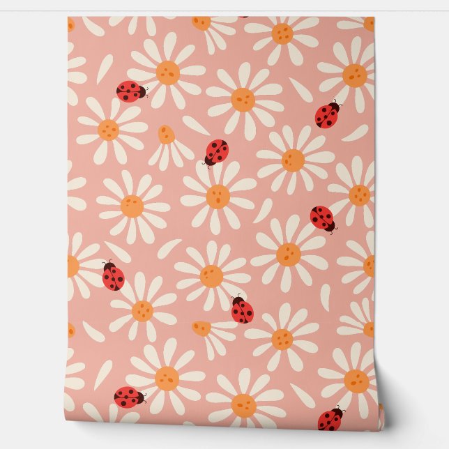 Papier Peint Boho Pink Ladybugs and Daisies (Déroulement)