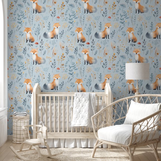 Papier Peint Boho Red Fox sur Blue Baby Nursery (Enfants)