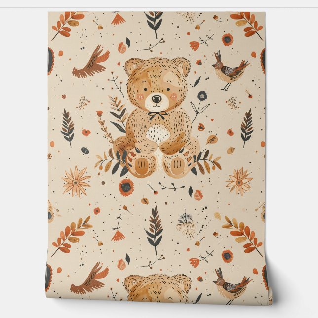 Papier Peint Boho Teddy Bear Motif Baby Nursery Room (Déroulement)