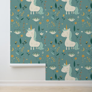 Papier Peint Boho unicorn design, couleurs pastel muet, pépiniè