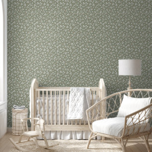 Papier Peint Boho vert avec fleurs blanches sans couture