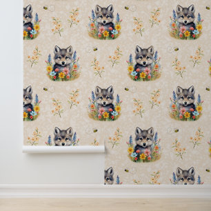 Papier Peint Bois Animaux Baby Wolf Cub Verdure sur crème