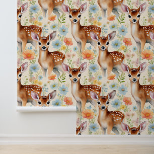 Papier Peint Bois Animaux Bébé Cerf Pauvres Crème Florale