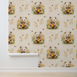 Papier Peint Bois Animaux Bébé Ours Fleurs sauvages Miel Abeill
