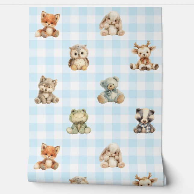 Papier Peint Bois Animaux Jouets Blue Plaid Baby Boy Nursery (Déroulement)