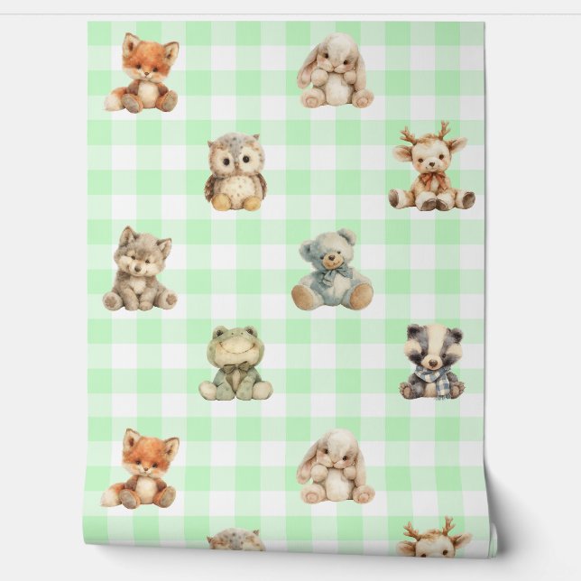 Papier Peint Bois Animaux Jouets Green Plaid Baby Nursery (Déroulement)