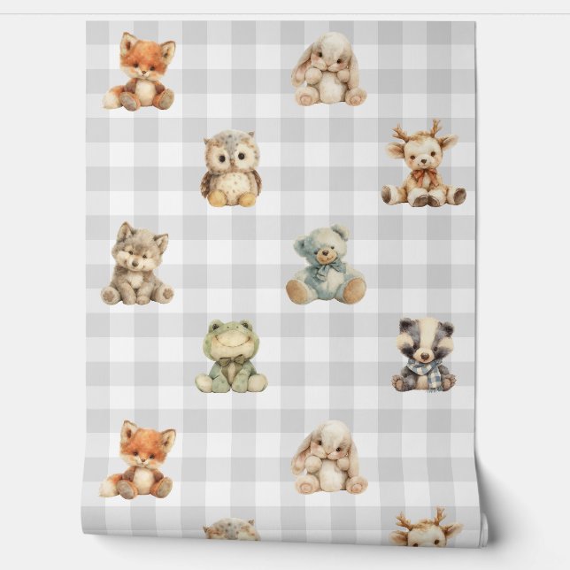 Papier Peint Bois Animaux Jouets Gris Plaid Baby Boy Nursery (Déroulement)