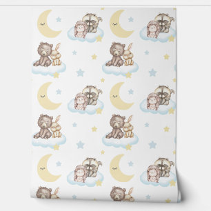 Papier Peint Bois Animaux Nuages Étoiles Lune Baby Nursery