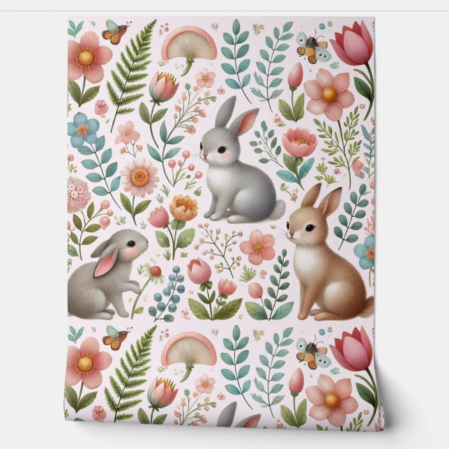 Papier Peint Bois Bébé Animaux Plante Fleurs Fond d'écran (Déroulement)