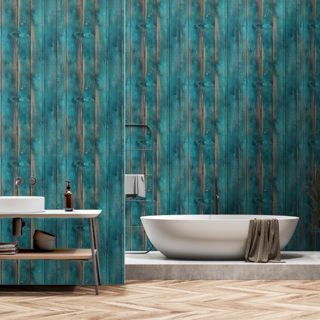 Papier Peint Bois bleu Patiné rustique (Salle de bain)