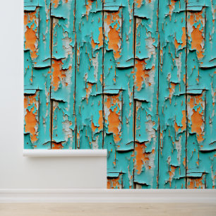 Papier Peint Bois Patiné orange et bleu turquoise