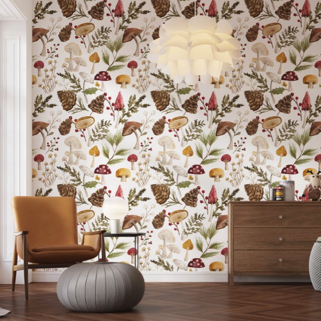 Papier Peint Bois rustique Aquarelle Woodland Forêt de champign (Rustic Woodland Watercolor Woodsy Mushroom Forest Wallpaper)