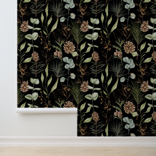 Papier Peint Bois rustique vert & Pinecones sur noir