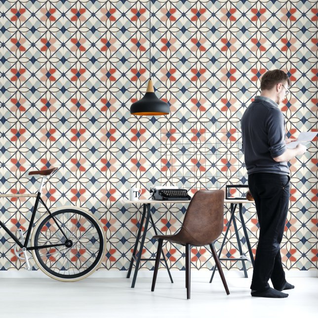 Papier Peint Bold Abstract Blue Beige Terracotta Moroccan Tile (Créateur téléchargé)