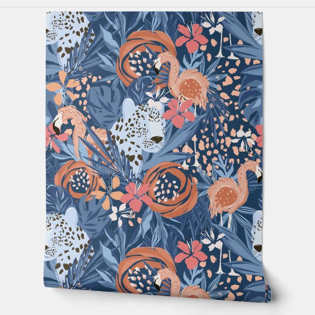 Papier Peint Bold Cheetah et Flamant rose Tropical (Déroulement)