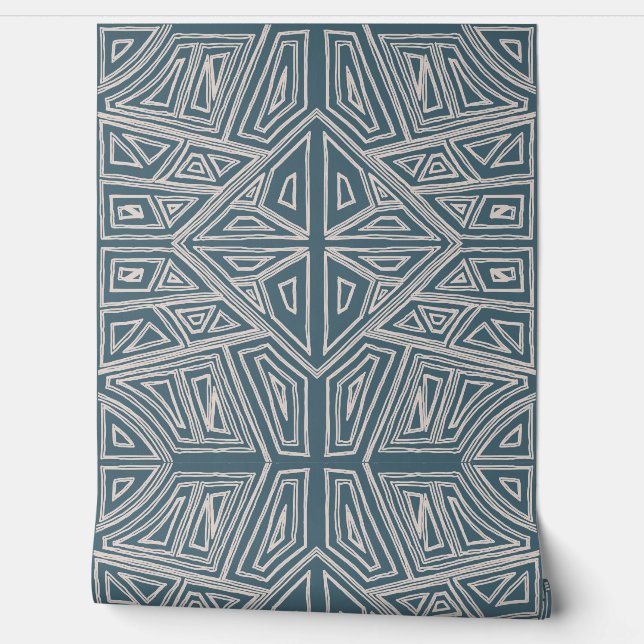 Papier Peint Bold Lines - Symmetrical Tile - Teal and Beige  (Déroulement)
