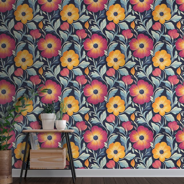 Papier Peint Bold Red & Gold Blooms sur Arrière - plan Navy (Créateur téléchargé)