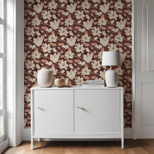 Papier Peint Botanique Bourgogne Rouge Beige Lily Floral