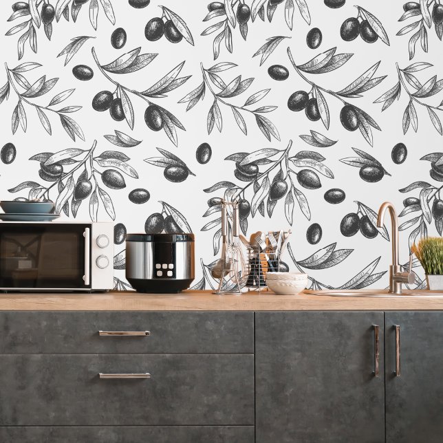 Papier Peint Botanique Branche d'Olivier Noir Motif Cuisine (Botanical Black Olive Branch Pattern Kitchen Wallpaper
)