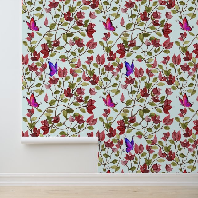 Papier Peint Bougainvilliers Rouges Fleurs Aux Papillons (Application)