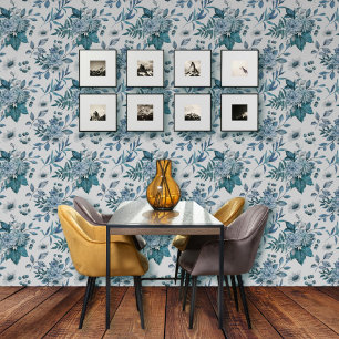 Papier Peint Bouquet bleu de fleurs et motif de feuillage