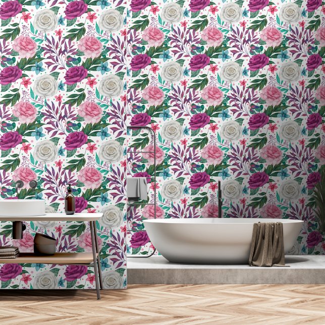 Papier Peint Bourgogne rose rose sur blanc (Salle de bain)