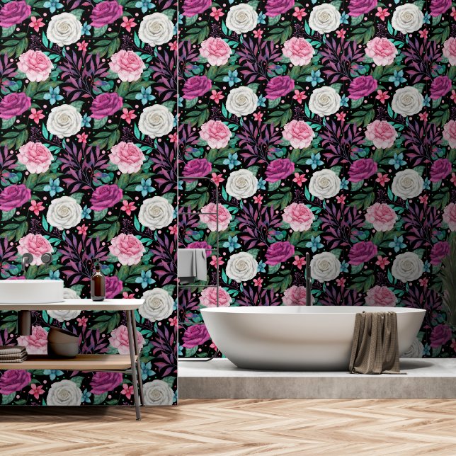 Papier Peint Bourgogne rose rose sur noir (Salle de bain)