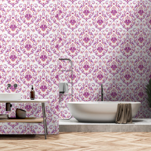 Papier Peint Brocher Purple Blanc Damask Floral peler et bâton