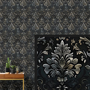 Papier Peint Bronze gris acier sur Damas gothique dramatique no