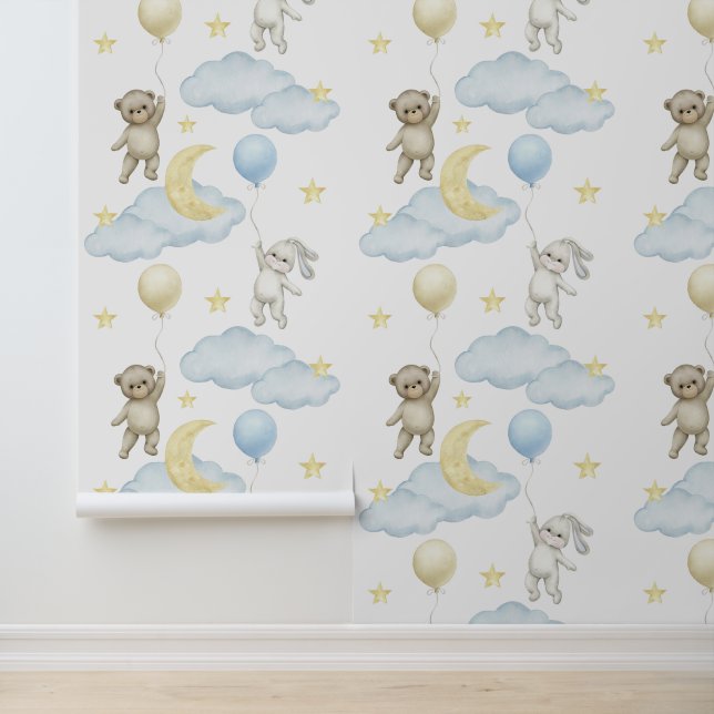 Papier Peint Bunny Bear Balloons Lune Star Cloud Baby Boy (Application)